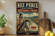 a vintage-style sign for Nez Perce National Historic Trail in Idaho, with a Native American figure riding a horse in the foreground.