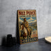 A vintage-style metal sign for the Nez Perce National Historic Trail, featuring an illustration of a Native American man on horseback.