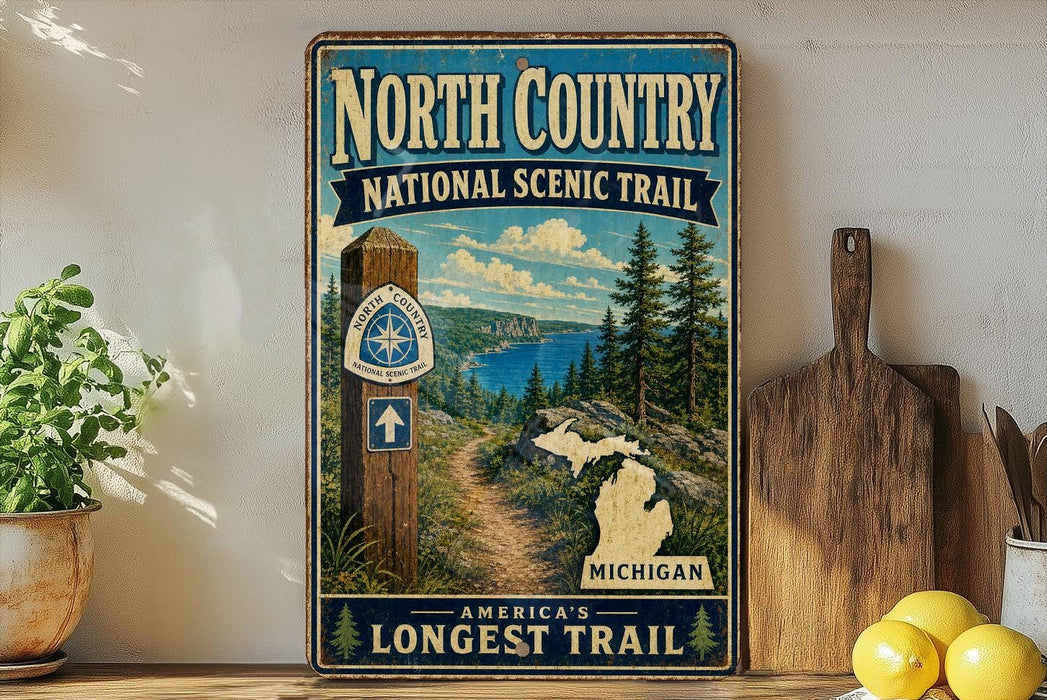A vintage-style metal sign for the North Country National Scenic Trail, featuring a scenic landscape with pine trees, a lake, and mountains.