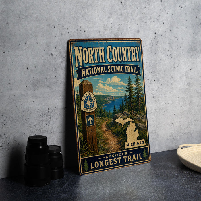 A vintage-style metal sign for the North Country National Scenic Trail, featuring a scenic illustration of a forest and a lake, with the text "North Country" and "National Scenic Trail" prominently displayed.