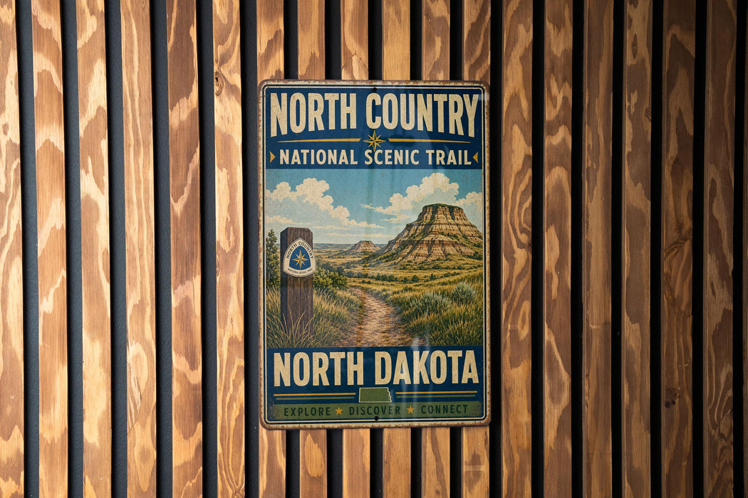 A vintage-style metal sign for the North Country National Scenic Trail in North Dakota, featuring a scenic landscape with mountains and a trail.