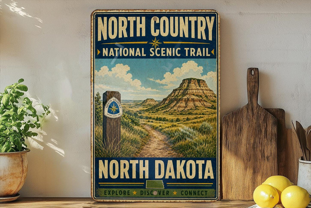 A vintage-style metal sign for the North Country National Scenic Trail in North Dakota, featuring a scenic landscape with mountains and a trail.