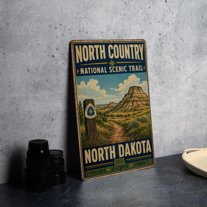 A vintage-style metal sign for the North Country National Scenic Trail in North Dakota, featuring a scenic landscape with mountains and a trail marker.