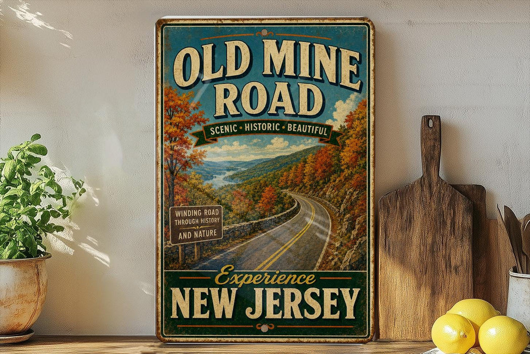 a vintage-style sign for the "Old Mine Road" in New Jersey, with a scenic road winding through a forested area.