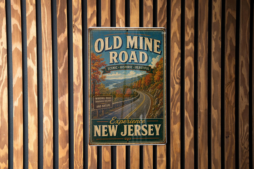 a vintage-style sign for the Old Mine Road in New Jersey, mounted on a wooden wall.