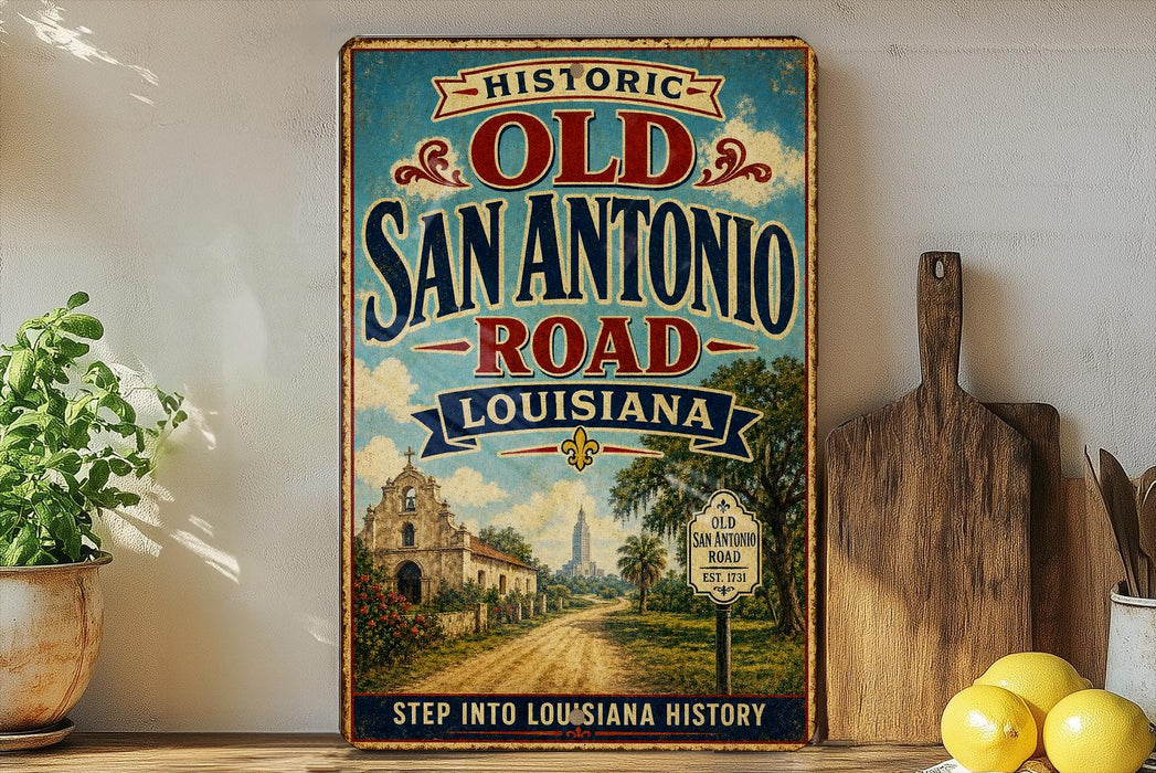 a vintage-style sign for the Old San Antonio Road in Louisiana, with a scenic illustration of a road leading to a church.