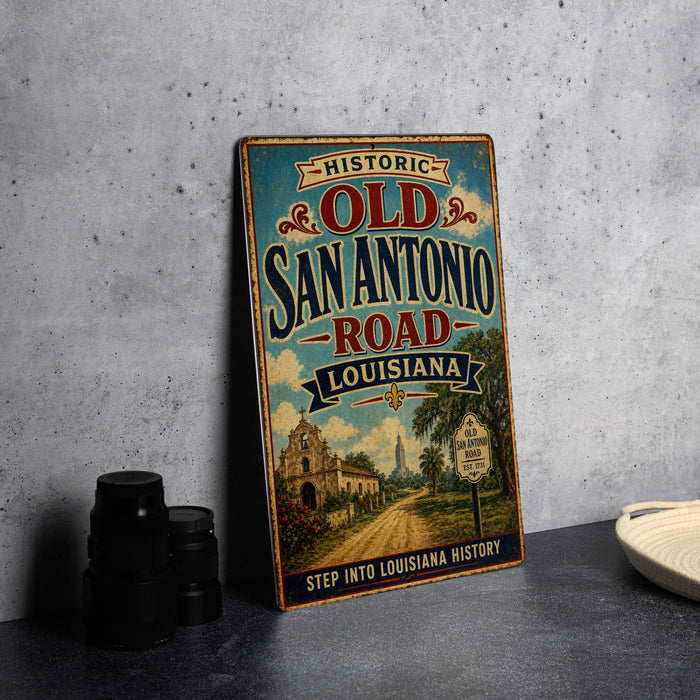 A vintage-style metal sign for the Historic Old San Antonio Road in Louisiana, featuring an illustration of a road and buildings.