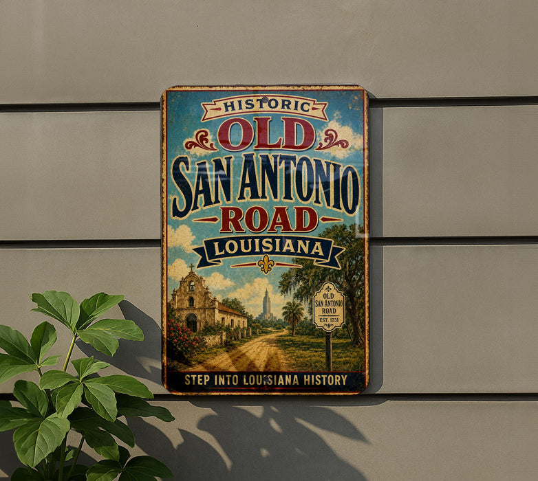 A vintage-style metal sign with the text "HISTORIC OLD SAN ANTONIO ROAD LOUISIANA" and a road sign, mounted on a wall.