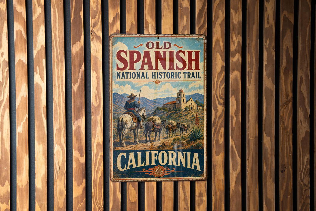 A vintage metal sign for the Old Spanish National Historic Trail in California, featuring an illustration of a cowboy on horseback and a desert landscape.