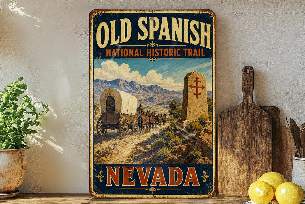 a vintage-style sign for the Old Spanish National Historic Trail in Nevada, with a wagon train depicted on the trail.