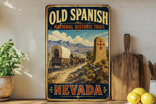 a vintage-style sign for the Old Spanish National Historic Trail in Nevada, with a wagon train depicted on the trail.
