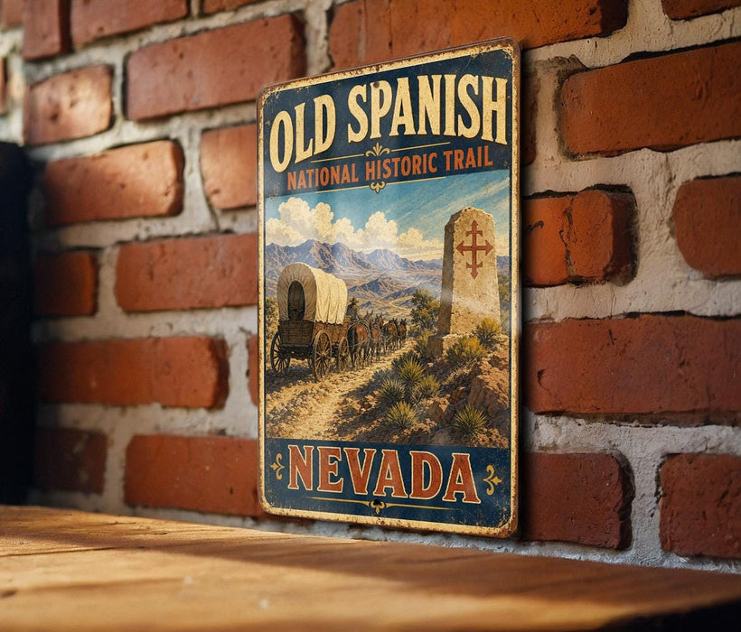A vintage-style metal sign with the text "OLD SPANISH NATIONAL HISTORIC TRAIL NEVADA" is displayed on a brick wall.