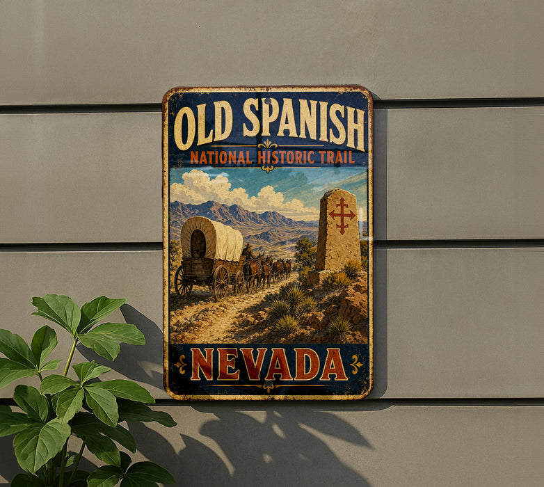 a vintage-style sign for the Old Spanish National Historic Trail in Nevada, depicting a wagon train traveling through the desert landscape.