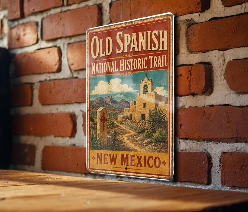 A vintage-style sign for the Old Spanish National Historic Trail in New Mexico, featuring a desert landscape with a church and mountains in the background.