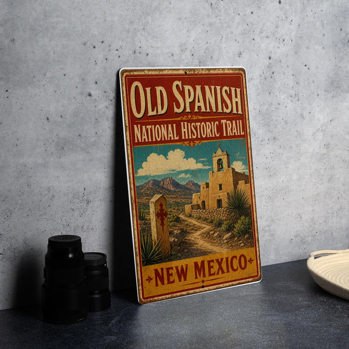 a vintage-style sign for the Old Spanish National Historic Trail in New Mexico, with a desert landscape and a church in the background.
