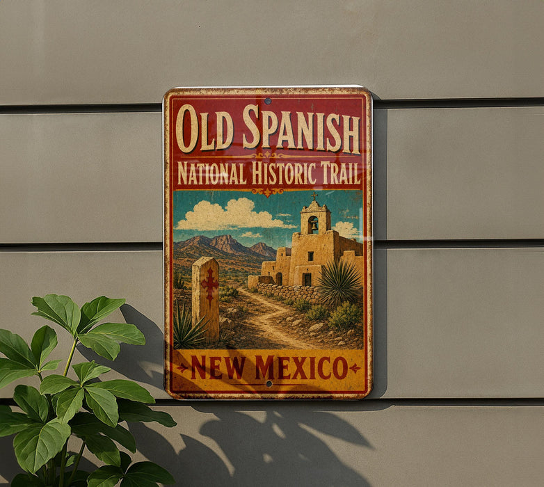 a vintage-style sign for the Old Spanish National Historic Trail in New Mexico, with a desert landscape and a bell tower visible.
