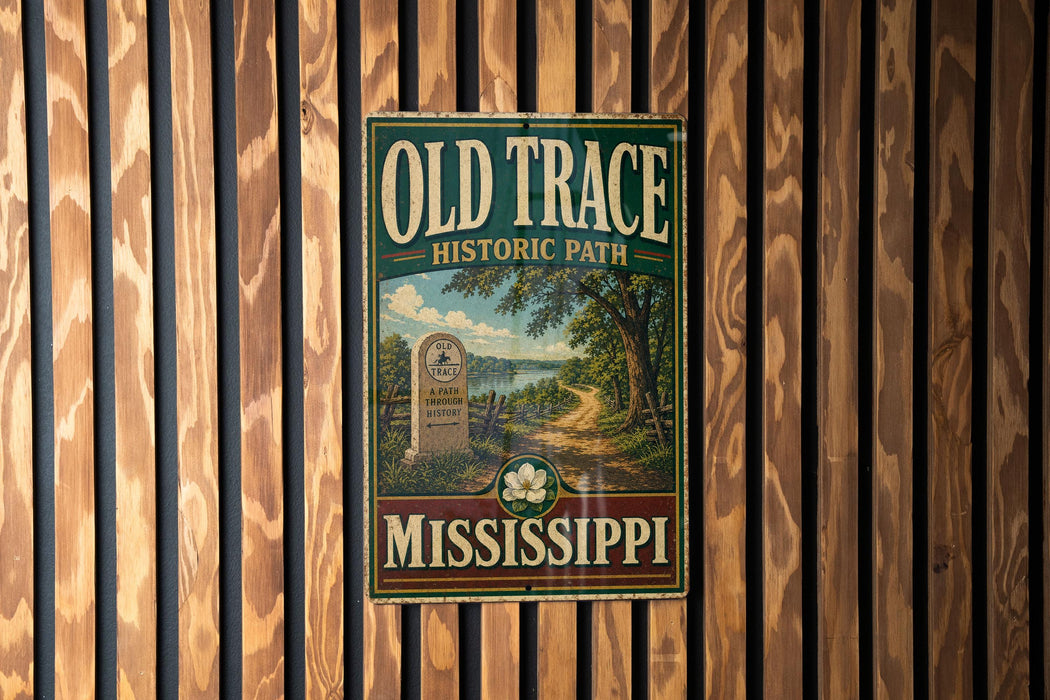 a vintage-style sign for the Old Trace Historic Path in Mississippi, mounted on a wooden wall.