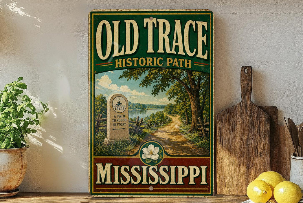 a vintage-style sign for the Old Trace Historic Path in Mississippi, with a scenic illustration of a path surrounded by trees and a body of water.