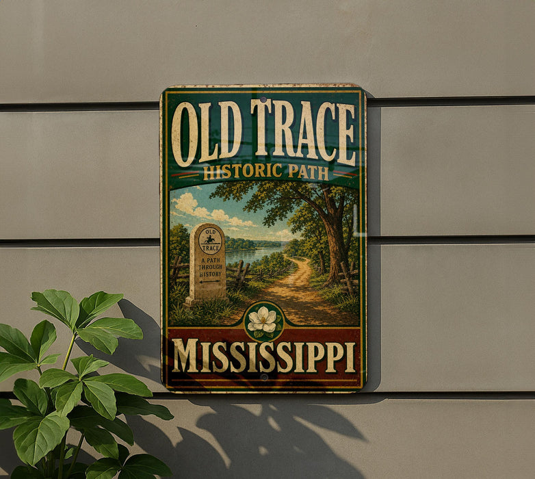 a vintage-style sign for the Old Trace Historic Path in Mississippi, with a scenic illustration of a path surrounded by trees and a body of water.