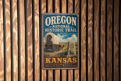 A vintage-style metal sign for the Oregon National Historic Trail in Kansas, featuring a wagon and a sign with the text "OREGON NATIONAL HISTORIC TRAIL KANSAS Discover the Legacy - Honor the Journey".