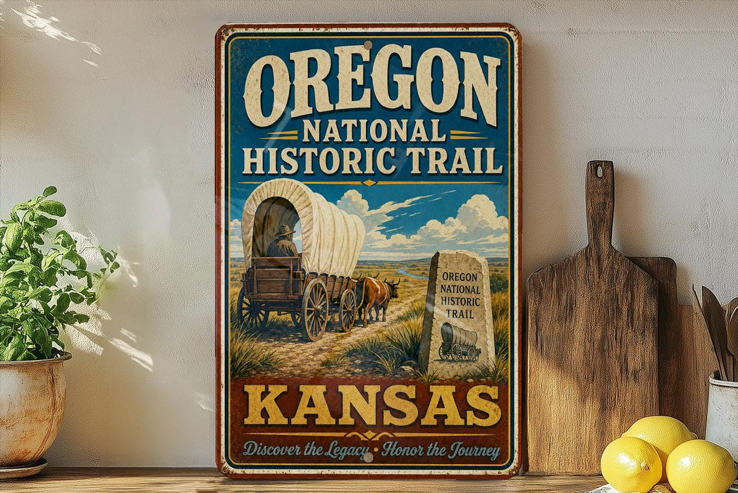 A vintage-style metal sign for the Oregon National Historic Trail in Kansas, featuring an illustration of a covered wagon and a sign that reads "Oregon National Historic Trail Kansas".
