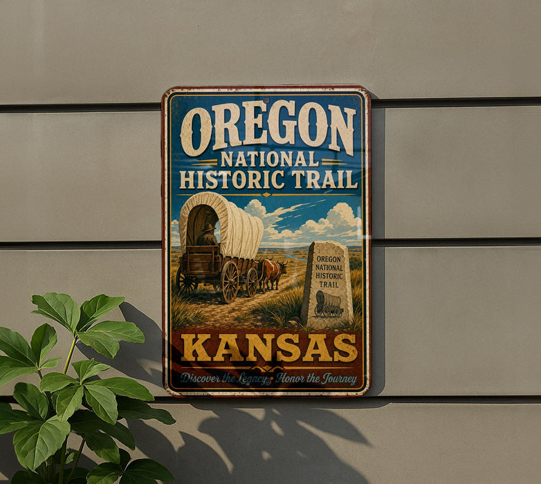 A vintage-style metal sign for the Oregon National Historic Trail in Kansas, featuring an illustration of a covered wagon and a monument.