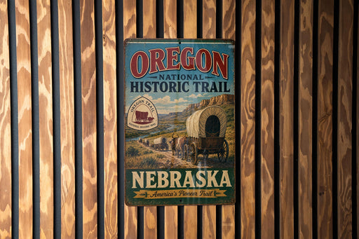 A vintage-style metal sign for the Oregon National Historic Trail in Nebraska, featuring an illustration of a covered wagon traveling along the Oregon Trail.
