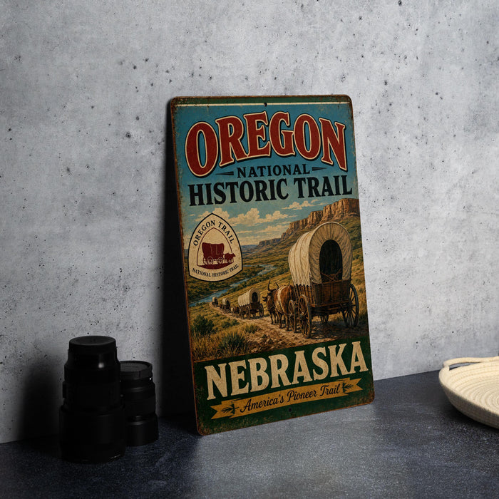 A vintage-style sign for the Oregon National Historic Trail in Nebraska, featuring an illustration of a covered wagon traveling along the trail.