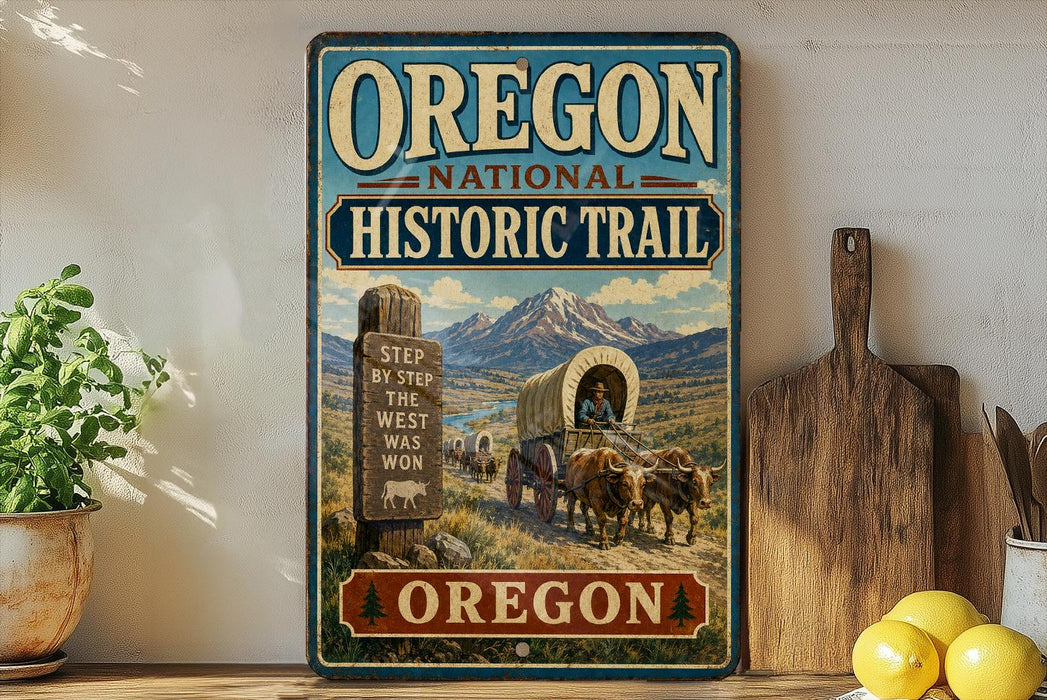 a vintage-style sign for the Oregon National Historic Trail, depicting a wagon train traveling through a scenic landscape with mountains in the background.