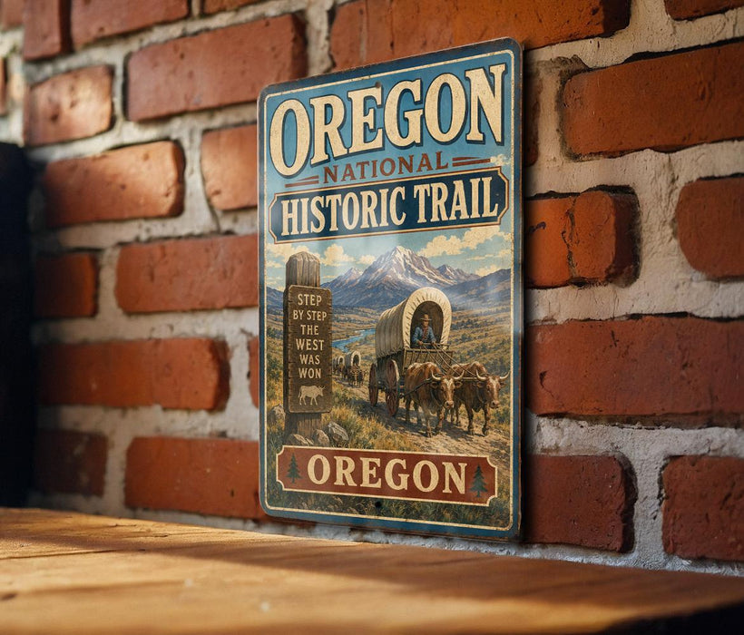 A vintage-style metal sign for the Oregon National Historic Trail, featuring an illustration of a wagon train traveling through a scenic landscape.