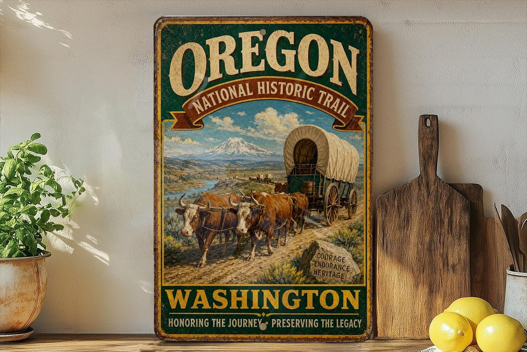 a vintage-style sign for the Oregon National Historic Trail, with a wagon train depicted in the background. The sign is displayed on a shelf next to a wooden cutting board and a potted plant.