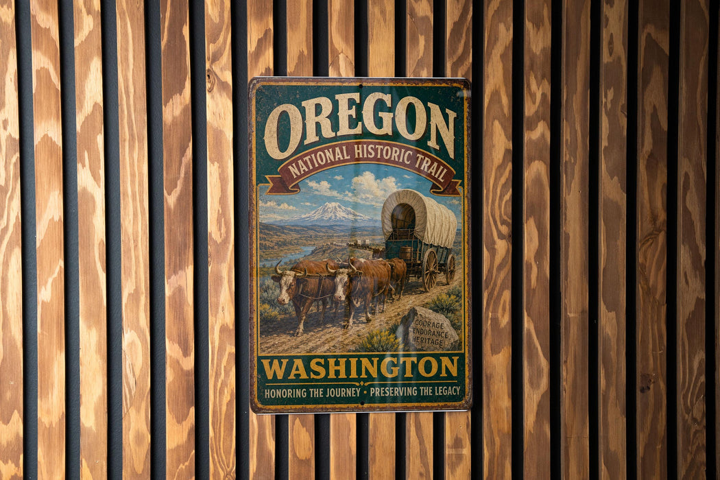 A vintage-style metal sign for the Oregon National Historic Trail, featuring an illustration of a covered wagon and a scenic landscape.