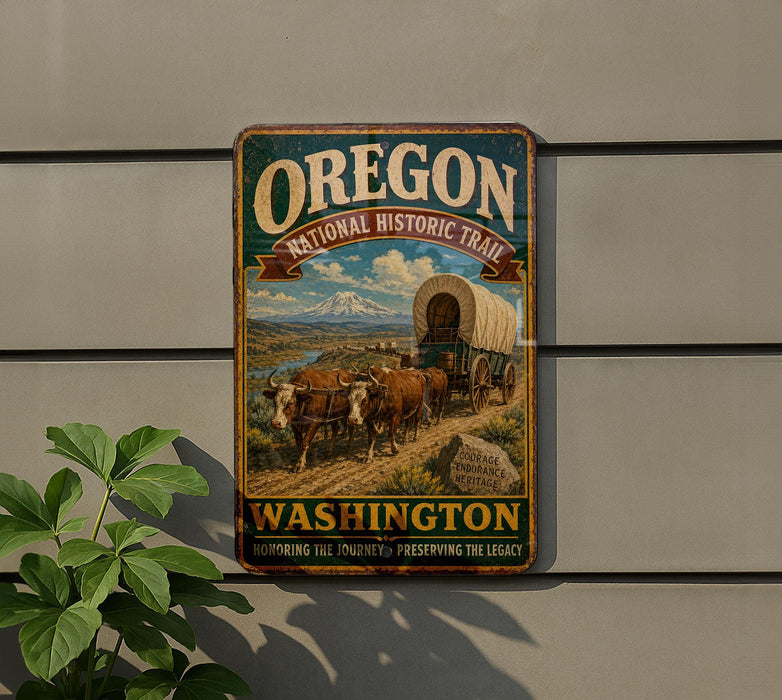 A vintage-style metal sign for the Oregon National Historic Trail, featuring a wagon train and a mountain landscape.