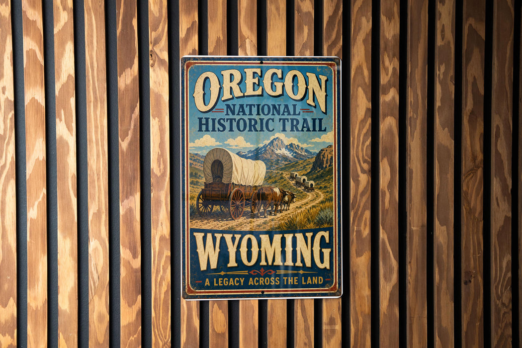 A vintage-style sign for the Oregon National Historic Trail in Wyoming, featuring a wagon on a trail surrounded by mountains.