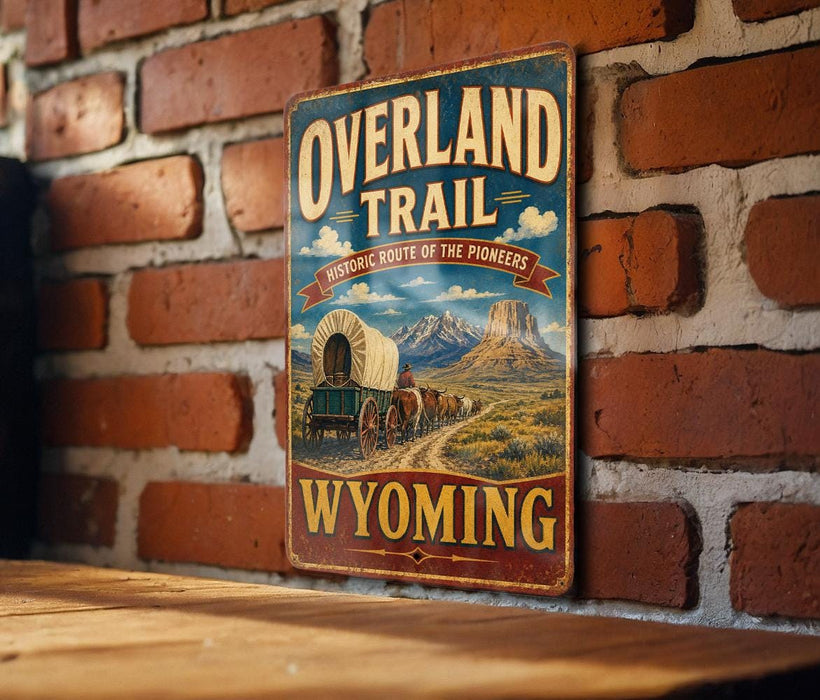 A vintage-style metal sign with the text "Overland Trail Historic Route of the Pioneers Wyoming" is displayed on a brick wall.