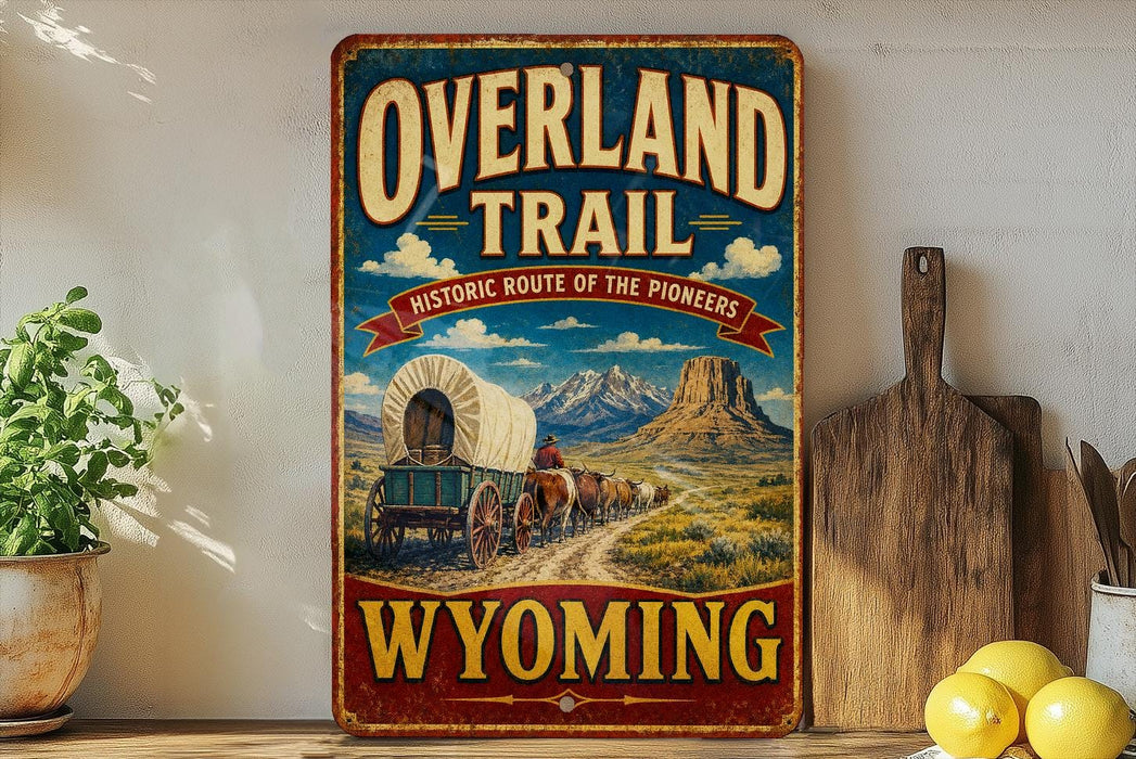 a vintage-style sign for the "Overland Trail" in Wyoming, with a wagon train depicted on the sign. The sign is displayed on a shelf next to a wooden cutting board and a potted plant.