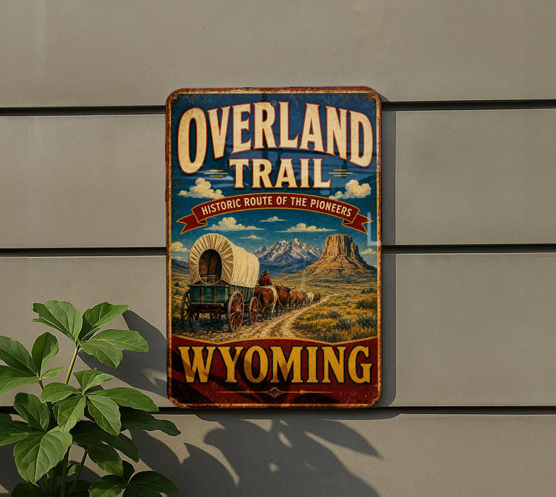 A vintage-style metal sign advertising the "Overland Trail" in Wyoming, featuring a wagon train and a mountain landscape.