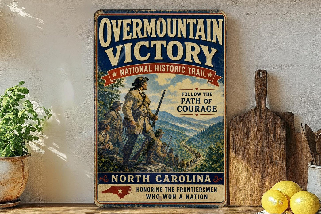 a vintage-style metal sign with a historical illustration of a group of people on a mountain trail, along with text that reads "Overmountain Victory National Historic Trail" and "Follow the path of courage". The sign is displayed on a wooden shelf, with a potted plant and a cutting board visible in the background.