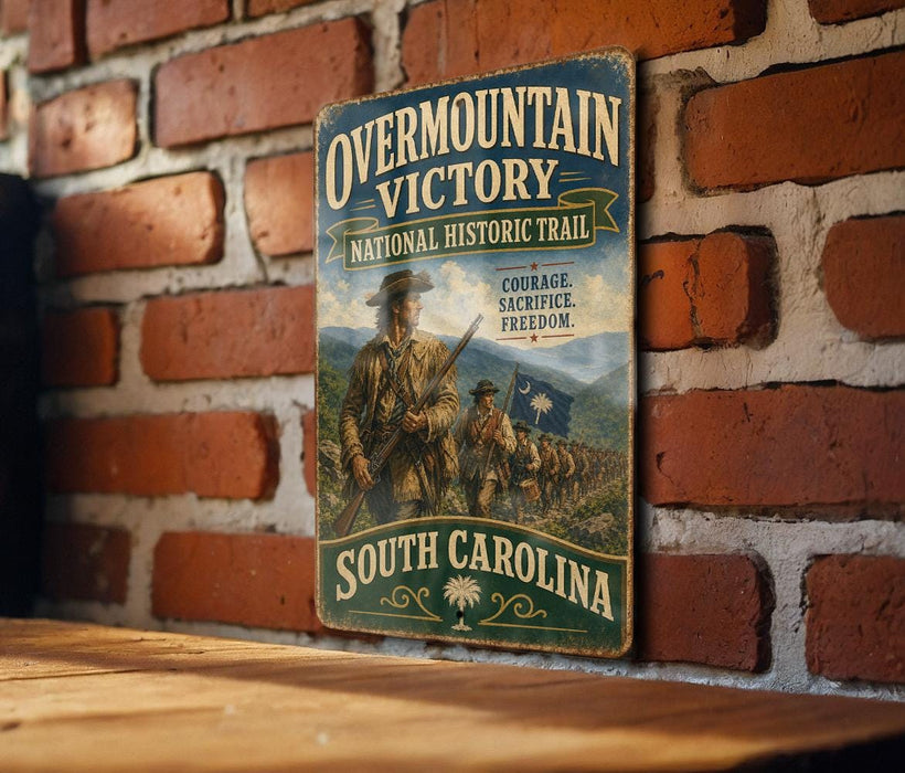 a vintage-style sign for the Overmountain Victory National Historic Trail in South Carolina, depicting a group of soldiers marching in a line.