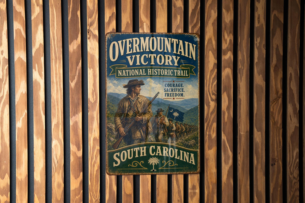 a vintage metal sign with the text "Overmountain Victory National Historic Trail" and "South Carolina" printed on it, mounted on a wooden wall.
