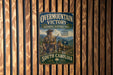 a vintage metal sign with the text "Overmountain Victory National Historic Trail" and "South Carolina" printed on it, mounted on a wooden wall.