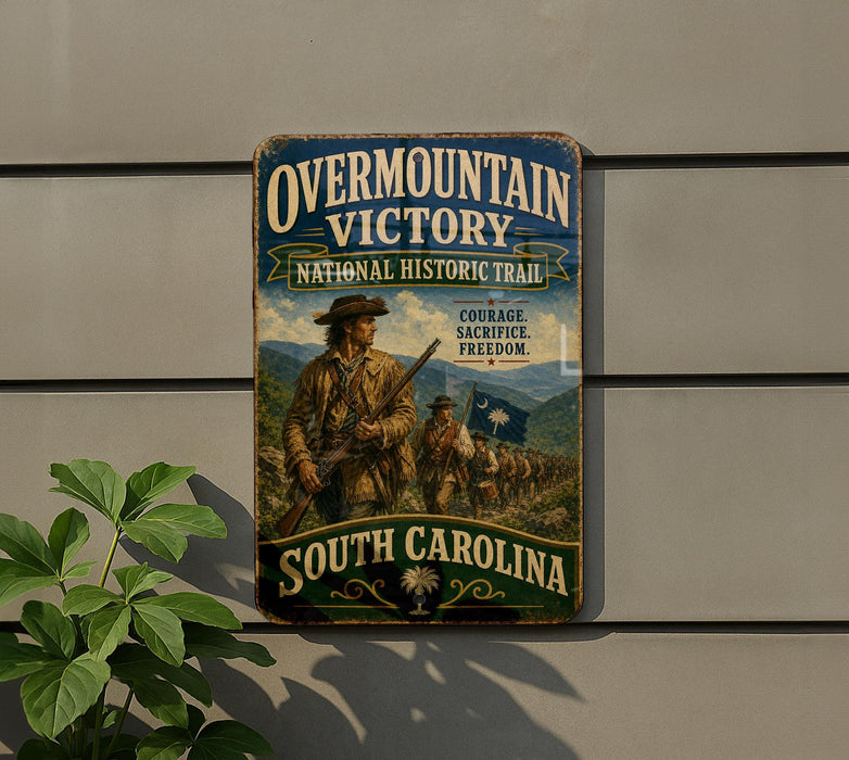 a vintage metal sign with a historical theme, mounted on a wall next to a plant.