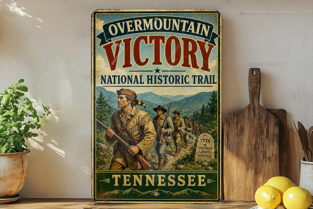 a vintage-style metal sign with the text "Overmountain Victory National Historic Trail" and "Tennessee" printed on it, along with a depiction of a group of people in historical attire. The sign is displayed on a shelf next to a wooden cutting board and a potted plant.