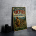 a vintage metal sign with the text "Overmountain Victory National Historic Trail" and "Tennessee" printed on it, along with an illustration of a group of people in historical attire.