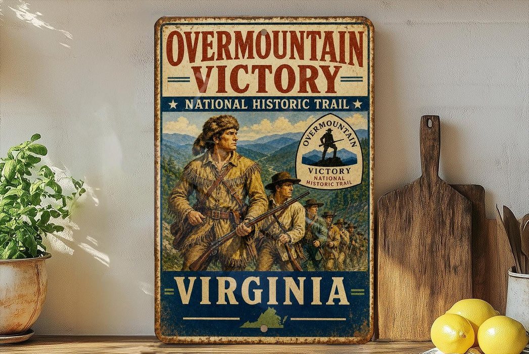 a vintage-style metal sign with the text "Overmountain Victory" and "National Historic Trail" on it, along with an illustration of a group of people in historical clothing. The sign is displayed on a shelf next to a wooden cutting board and a potted plant.