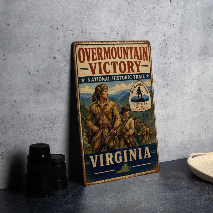 a vintage metal sign with the text "Overmountain Victory National Historic Trail Virginia" and an illustration of a group of people on a trail.