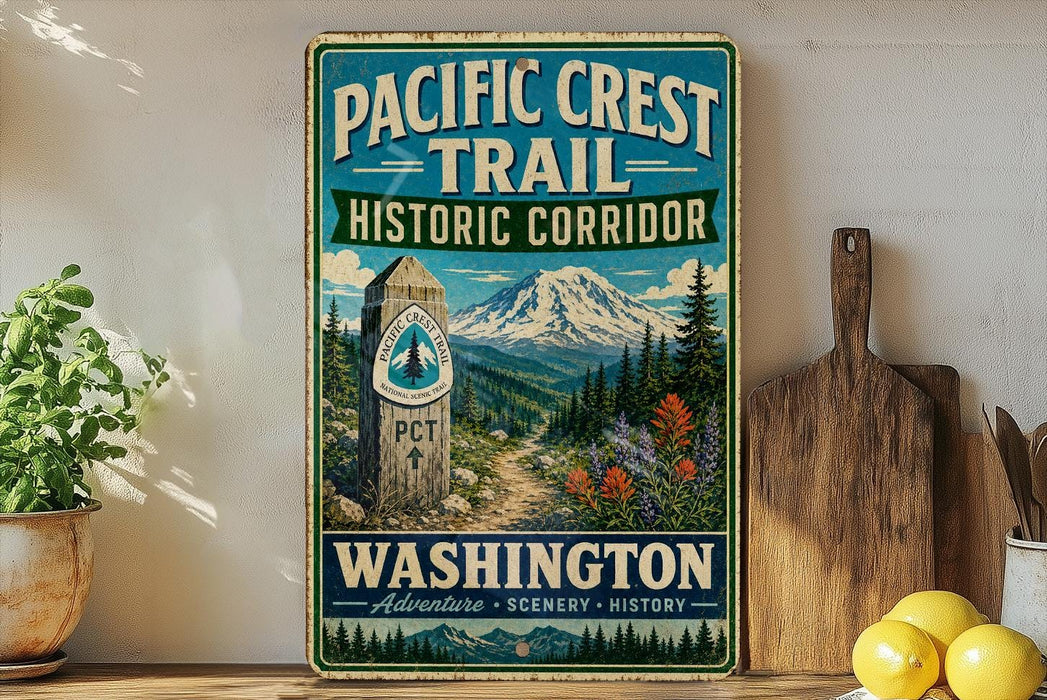 A vintage-style sign for the Pacific Crest Trail Historic Corridor in Washington, featuring a mountain landscape and a trail marker.