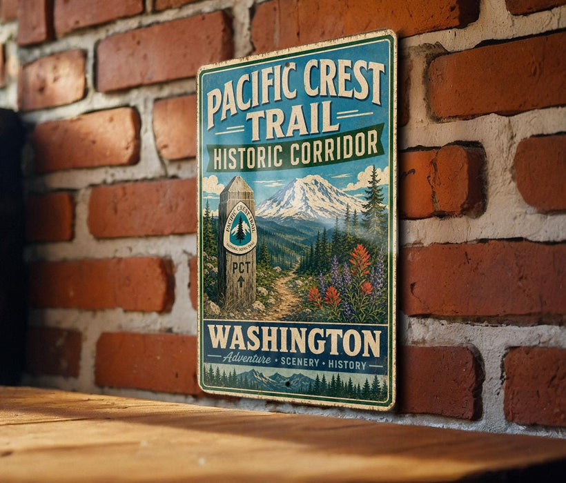 A vintage-style metal sign for the Pacific Crest Trail Historic Corridor in Washington, featuring a mountain landscape and a trail marker.