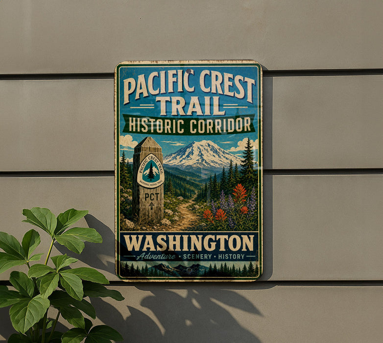 A metal sign on a wall that reads "Pacific Crest Trail Historic Corridor Washington" with a mountain and trees in the background.