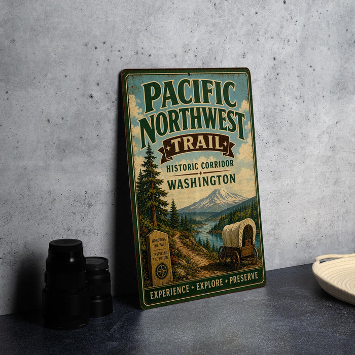 A vintage-style metal sign for the Pacific Northwest Trail Historic Corridor Washington, featuring a scenic illustration of a wagon train and mountains.